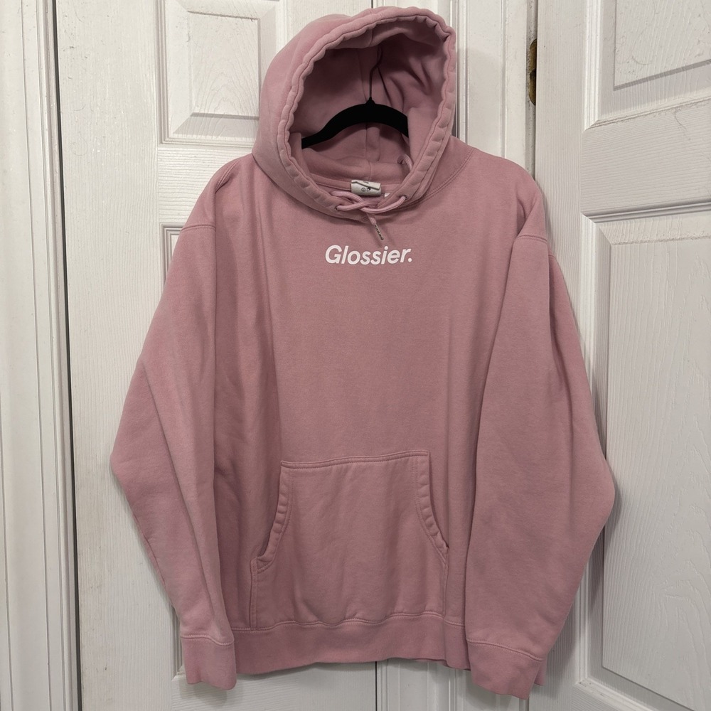 Glossier Original Pink Hoodie Sweatshirt Women's Large Fleece Make Up Skin Care